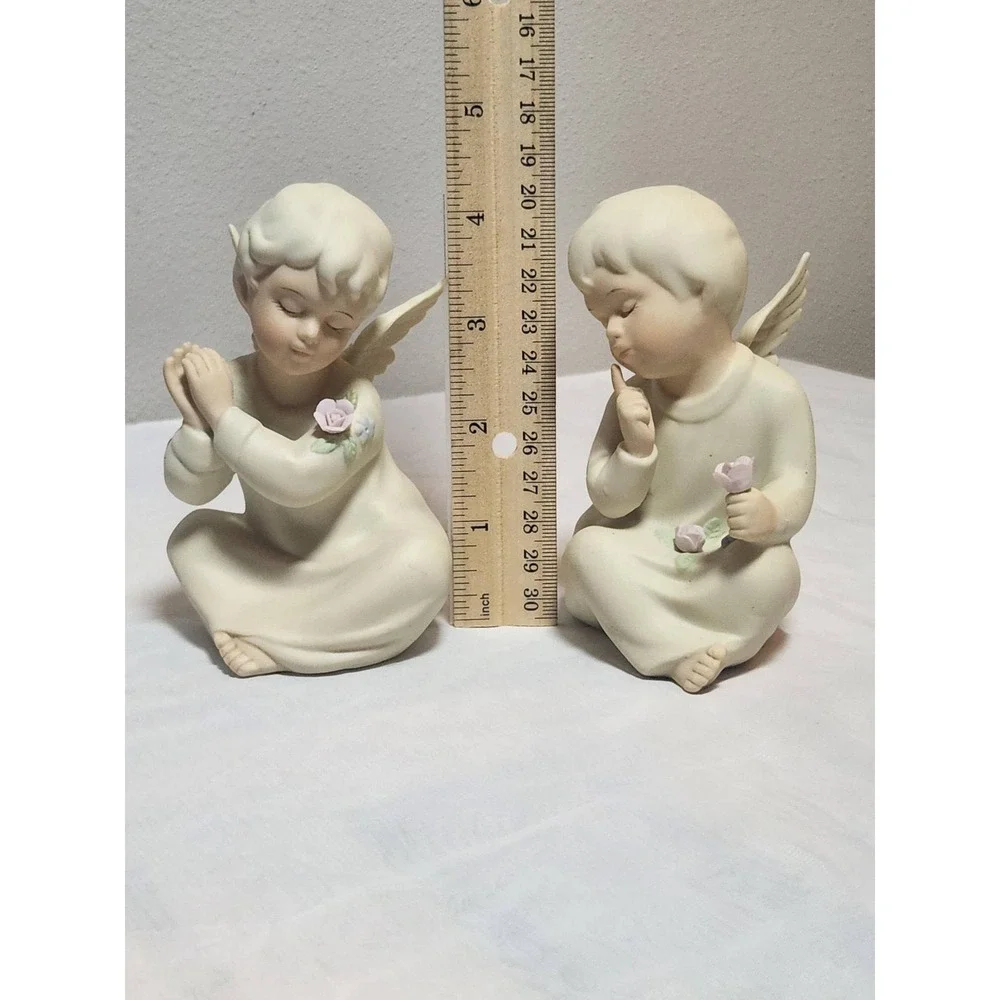 Vintage Bisque Porcelain Angel Cherub Figurines Set of 2 Cream Prayer Rose 4.5